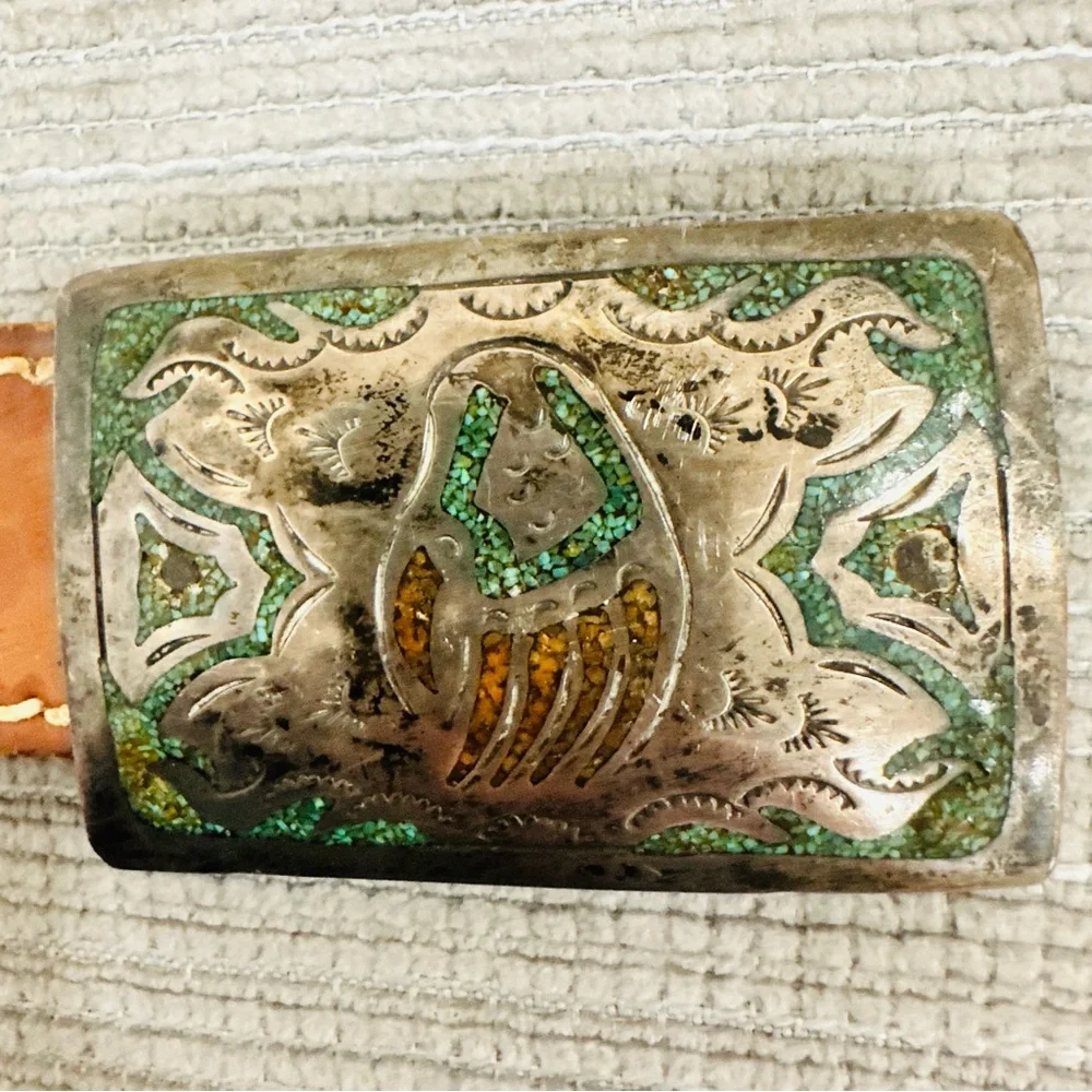 Navajo Sterling Silver Bear Paw Belt Buckle Raymond Begay B Chip Inlay w/ Belt‎
